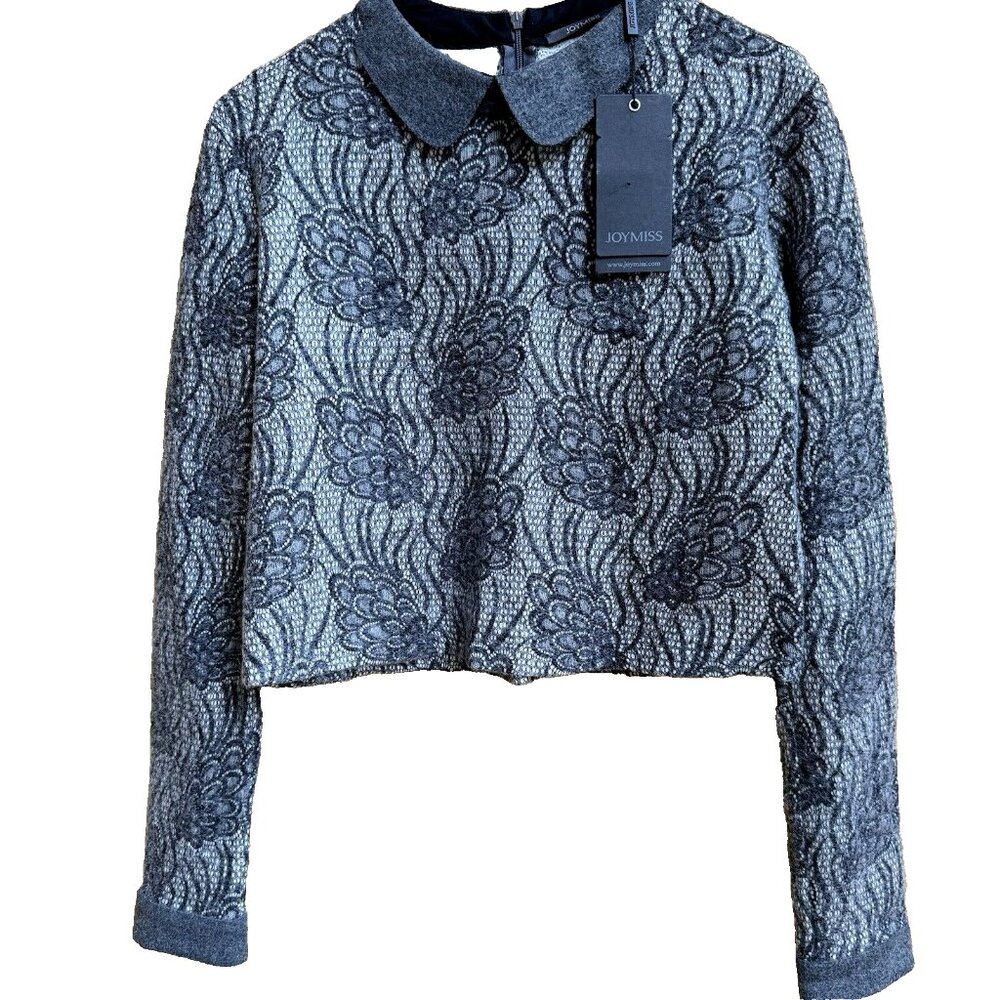 NEW Joymiss Women's Size 42/L Long-Sleeve Grey White Cropped Blouse Top